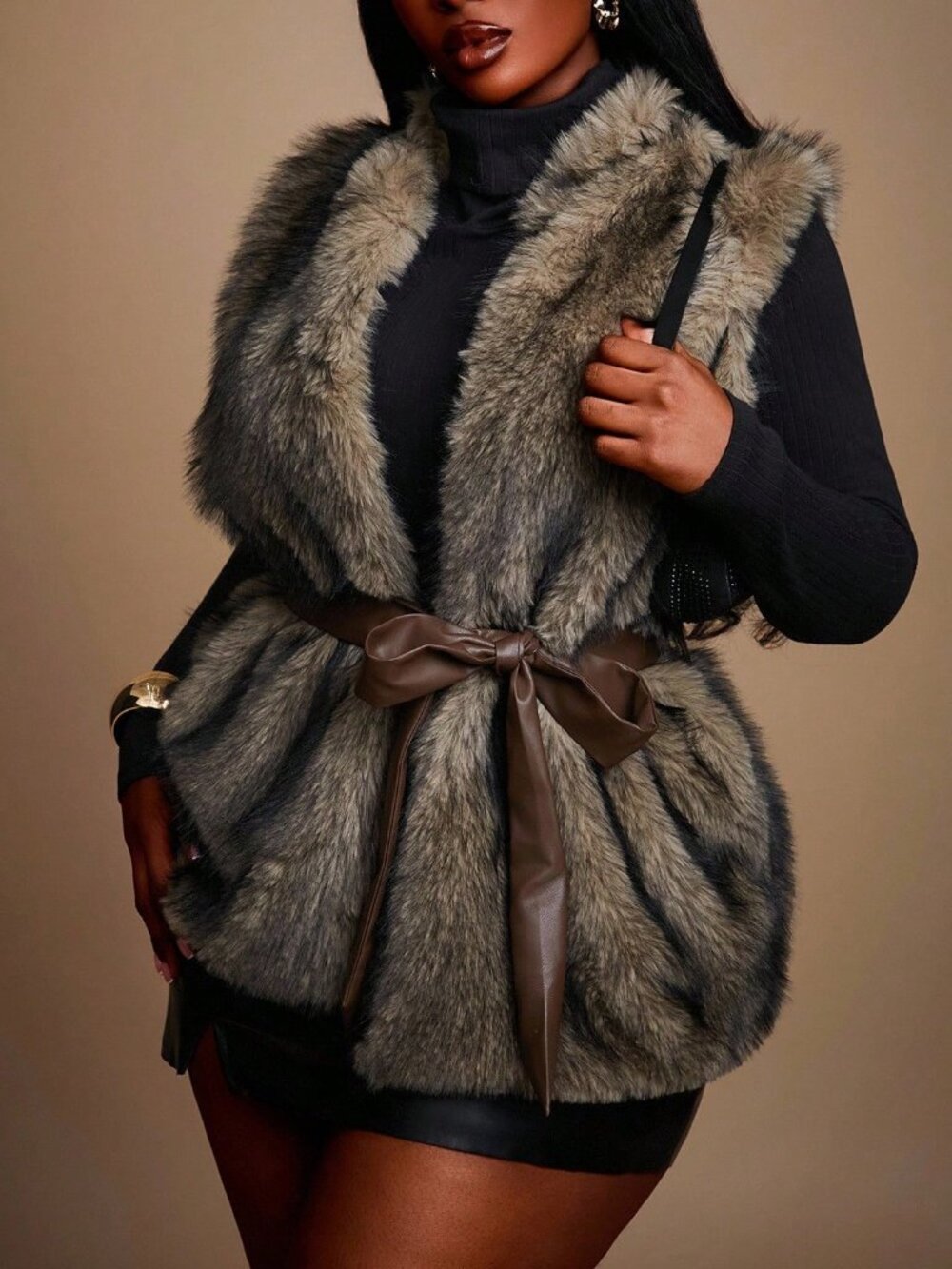 Grey Women's Plus Size Sleeveless Waist Cinched Faux Fur Jacket